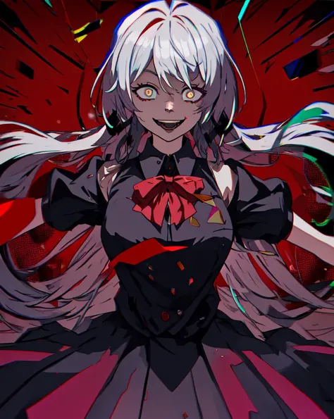 masterpiece, best quality, <lora:last-000005:0.6>, yameroyandere, crazy smile, crazy eyes, yandere, red background, constricted pupils, (glitch:1.1), (chromatic aberration:1.1),