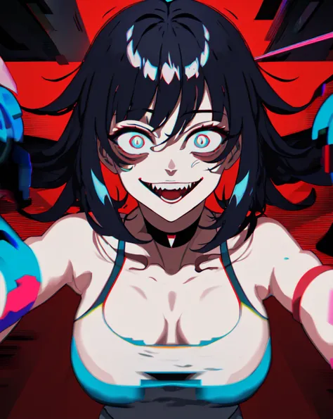 masterpiece, best quality, <lora:last-000005:0.6>, yameroyandere, crazy smile, crazy eyes, yandere, red background, constricted pupils, (glitch:1.2), (chromatic aberration:1.2),