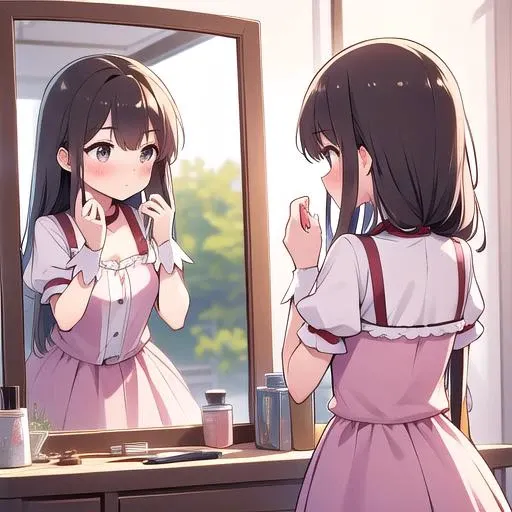 masterpiece,best qualitiy,high detail,1girl,blush, outdoor,looking at mirror,mirror,reflection,mirror on wall, <lora:mirrorTrans:0.6>,dynamic pose <lora:kaname_madoka_outfit-base-anylora-v1-1-1-000015_1_BiiiiMoOOo_WOF:0.7>kaname_madoka_outfit