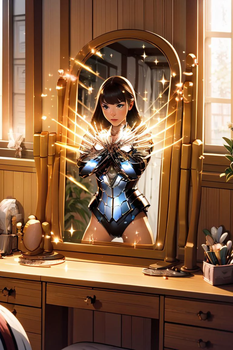 (masterpiece, best quality), 1girl, <lora:mirrorTrans:1> (((looking at mirror,mirror,reflection))),henshin,henshin pose,mirror on desk,