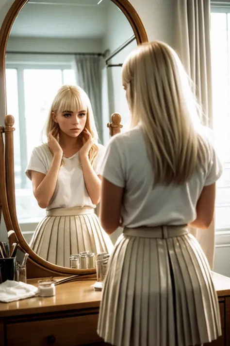 RAW photo of pretty, white, 24yo woman, 1girl bleached blonde hair, dark eyebrows, bangs, indoors, mirror, skirt, pleated skirt, reflection, from behind, looking at mirror, high quality, film grain, <lora:mirrorTrans:.5>