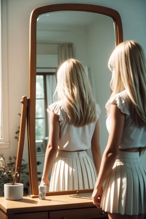 RAW photo of pretty, white, 24yo woman, 1girl bleached blonde hair, dark eyebrows, bangs,  indoors, mirror, skirt, pleated skirt, reflection, from behind, looking at mirror, high quality, film grain,  <lora:mirrorTrans:.5>