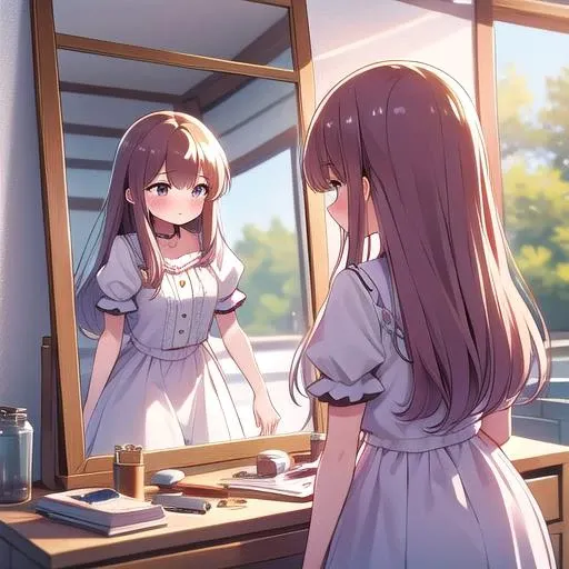 masterpiece,best qualitiy,high detail,1girl,blush, outdoor,looking at mirror,mirror,reflection,mirror on wall, <lora:mirrorTrans:0.6>,dynamic pose <lora:kaname_madoka_outfit-base-anylora-v1-1-1-000015_1_BiiiiMoOOo_WOF:0.7>kaname_madoka_outfit