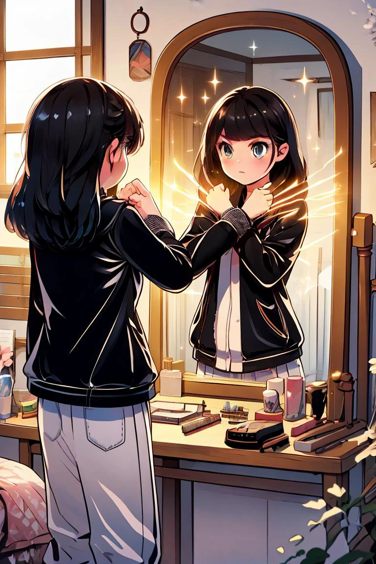 (masterpiece, best quality), 1girl, <lora:mirrorTrans:1> (((looking at mirror,mirror,reflection))),henshin,henshin pose,mirror on desk,