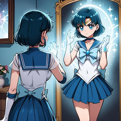 masterpiece,best quality,highly detailed,1girl,solo,serious,v-shaped eyebrows,
<lora:mercury_v2:0.75>,mer1,tiara,sailor senshi uniform,blue sailor collar,bow,knee boots,choker,white gloves,blue choker,elbow gloves,jewelry,earrings,blue skirt,
BREAK
<lora:mirrorTrans:0.4>,(((looking at mirror,mirror))),reflection,dual persona,from behind,henshin,henshin pose,sparkle,electricity,neon lights,neon trim,magic,magic circle,glowing aura,glowing body,glowing mirror,