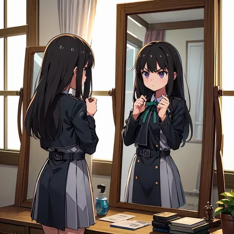 masterpiece,best quality,highly detailed,1girl,solo,serious,v-shaped eyebrows,
<lora:takina_inoue_v1:0.75>,takina inoue,purple eyes,black hair,long hair,lycoris uniform,green ribbon,long sleeves,two-tone dress,pleated dress,collared shirt,kneehighs,
BREAK
<lora:mirrorTrans:0.4>,(((looking at mirror,mirror,reflection))),henshin,henshin pose,mirror on desk,