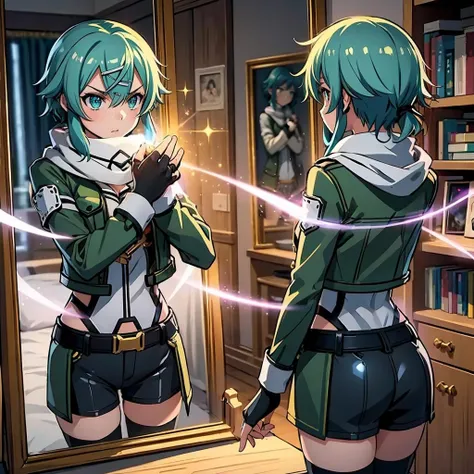 masterpiece,best quality,highly detailed,1girl,solo,serious,concentrating,v-shaped eyebrows,
<lora:sinon_v5:0.75>,sinon1,scarf,fingerless gloves,long sleeves,short shorts,hair ornament,hairclip,green thighhighs,green jacket,thigh strap,
BREAK
<lora:mirrorTrans:0.4>,(((looking at mirror,mirror))),reflection,dual persona,from behind,henshin,henshin pose,sparkle,electricity,neon lights,neon trim,magic,magic circle,glowing aura,glowing body,glowing mirror,