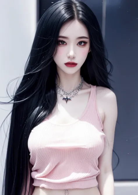 1girl, solo, upper body, looking at viewer, T-shirt, ashes, light long hair, makeup, parted lips, necklace,, <lora:WGirls-02:0.7> <lora:Chaeryeong-01:1>