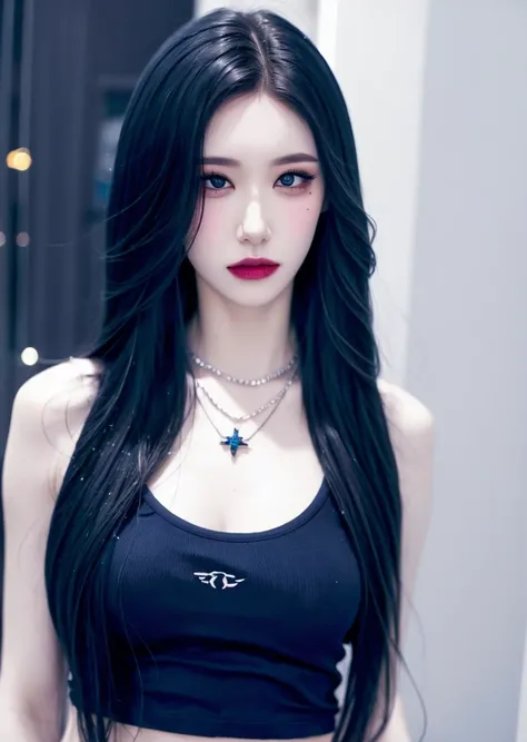 1girl, solo, upper body, looking at viewer, T-shirt, ashes, light long hair, makeup, parted lips, necklace,, <lora:WGirls-02:0.7> <lora:Chaeryeong-01:1>
