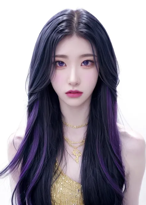 1girl, solo, upper body, looking at viewer, white background, light long hair, makeup, parted lips, black hair,  necklace, gold, eyeliner, <lora:add_detail:0.6> , ((purple eyes)),  <lora:Chaeryeong-01:1>