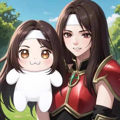 <lora:DoroX_V1:1> doro, creature, ;3, chibi, outdoors, no humans <lora:altena-fe-richy-v1:0.9> altena, headband, shoulder armor, breastplate, (confused), clenched teeth, holding creature, 2girls