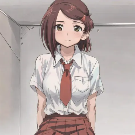 1girl, (suminoe_ako:1.3),standing,solo, blush,upper body, closed mouth,  skirt, school uniform, white shirt, (red necktie:1.0), looking at viewer, (brown:1.0) skirt, short sleeves, arms behind back,  <lora:akoSuminoeKissxsis_v10:1>