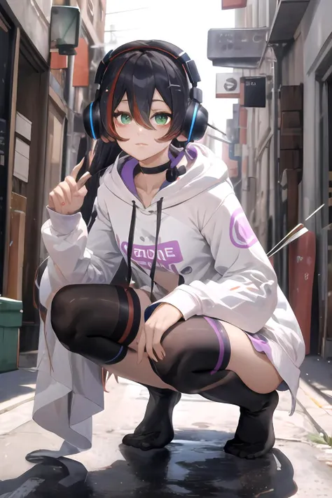 masterpiece, (best quality), vibrant colors ,natural lighting ,RTX, perfect proportions, beautiful, detailed face, (perfect eyes:1.1) ,(photorealistic:1.1), 8k uhd, outdoors, simple background, mika melatika, 1girl, solo, long hair, black hair, thighhighs, long sleeves, hair between eyes, very long hair, green eyes, collarbone, red hair, choker, socks, hood, wide sleeves, streaked hair, hoodie, headphones, black choker, no shoes, single thighhigh, asymmetrical legwear, white hoodie, single sock, single kneehigh, Lying on the stomach, propped up on elbows, <lora:Mika_Melatika:0.85>