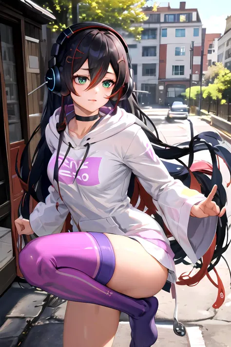 masterpiece, (best quality), vibrant colors ,natural lighting ,RTX, perfect proportions, beautiful, detailed face, (perfect eyes:1.1) ,(photorealistic:1.1), 8k uhd, outdoors, simple background, mika melatika, 1girl, solo, long hair, black hair, thighhighs, long sleeves, hair between eyes, very long hair, green eyes, collarbone, red hair, choker, socks, hood, wide sleeves, streaked hair, hoodie, headphones, black choker, no shoes, single thighhigh, asymmetrical legwear, white hoodie, single sock, single kneehigh,  Jumping, mimicking a karate kick,   <lora:Mika_Melatika:0.85>