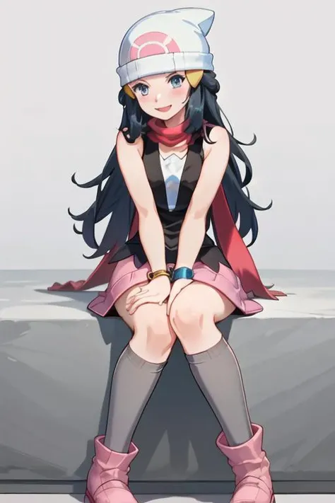 best quality, masterpiece, highres, solo, {hikari_pokemon:1.15}, long_hair, hat, hair_ornament, beanie, white_headwear, hairclip, sleeveless, smile, blue_eyes, eyelashes, blush, black_hair, blue_hair, open_mouth, grey_eyes, 1girl, black_shirt, black_socks, boots, closed_mouth, head_rest, kneehighs, looking_at_viewer, pink_footwear, pink_skirt, scarf, shirt, skirt, sleeveless_shirt, socks, bracelet, jewelry, red_scarf, shiny, shiny_skin, simple_background, sitting, white_background