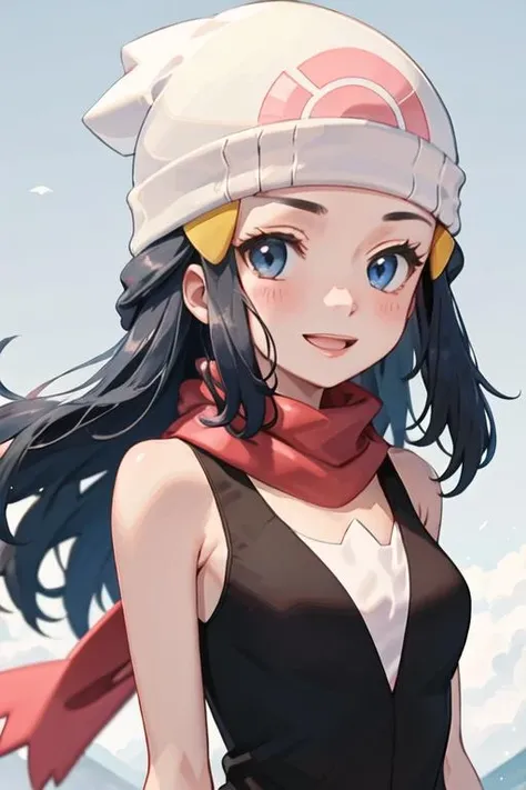 best quality, masterpiece, highres, solo, {hikari_pokemon:1.15}, long_hair, hat, hair_ornament, beanie, white_headwear, hairclip, sleeveless, smile, blue_eyes, eyelashes, blush, black_hair, blue_hair, open_mouth, grey_eyes, 1girl, closed_mouth, looking_at_viewer, red_scarf, scarf, shirt, sleeveless_shirt, upper_body, black_shirt