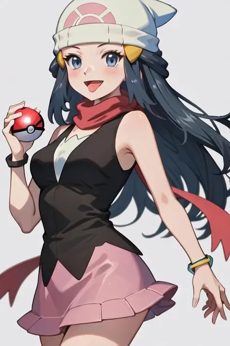 best quality, masterpiece, highres, solo, {hikari_pokemon:1.15}, long_hair, hat, hair_ornament, beanie, white_headwear, hairclip, sleeveless, smile, blue_eyes, eyelashes, blush, black_hair, blue_hair, open_mouth, grey_eyes, 1girl, :d, holding, holding_poke_ball, looking_at_viewer, poke_ball, poke_ball_\(basic\), red_scarf, scarf, shirt, tongue, black_shirt, , jewelry, pink_skirt, shiny, skirt, sleeveless_shirt, bracelet, red_background
