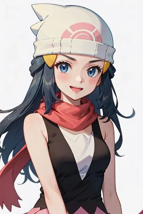 best quality, masterpiece, highres, solo, {hikari_pokemon:1.15}, long_hair, hat, hair_ornament, beanie, white_headwear, hairclip, sleeveless, smile, blue_eyes, eyelashes, blush, black_hair, blue_hair, open_mouth, grey_eyes, 1girl, red_scarf, scarf, simple_background, white_background, skirt