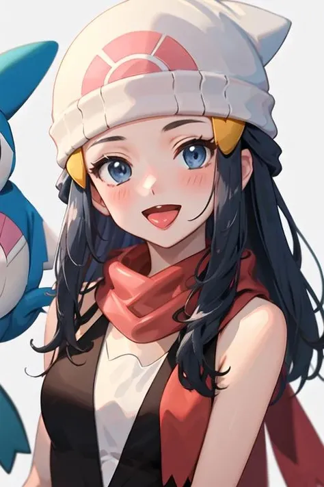 best quality, masterpiece, highres, solo, {hikari_pokemon:1.15}, long_hair, hat, hair_ornament, beanie, white_headwear, hairclip, sleeveless, smile, blue_eyes, eyelashes, blush, black_hair, blue_hair, open_mouth, grey_eyes, 1girl, coat, looking_at_viewer, red_coat, scarf, white_scarf, :d, long_sleeves, tongue, sidelocks, star_\(symbol\), white_background, upper_body