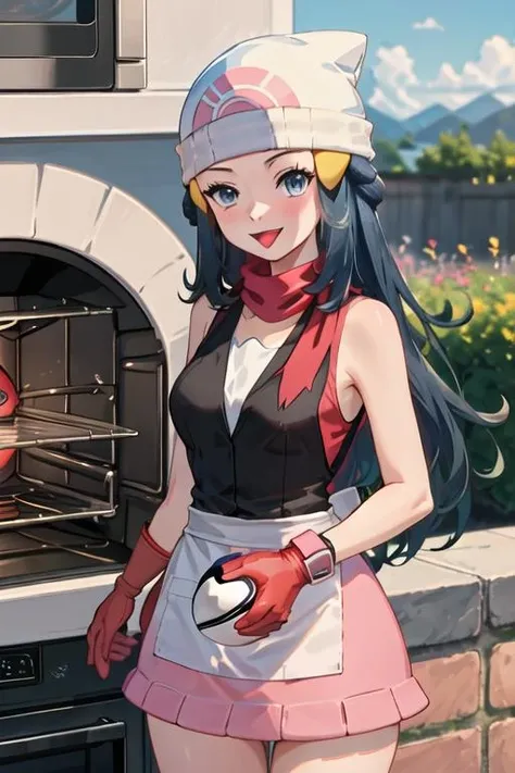 best quality, masterpiece, highres, solo, {hikari_pokemon:1.15}, long_hair, hat, hair_ornament, beanie, white_headwear, hairclip, sleeveless, smile, blue_eyes, eyelashes, blush, black_hair, blue_hair, open_mouth, grey_eyes, 1girl, apron, chef_hat, official_alternate_costume, oven_mitts, red_dress, red_mittens, tongue, dress, short_sleeves, :d, buttons, holding, mittens