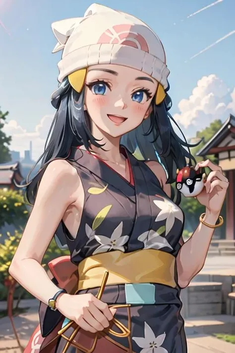 best quality, masterpiece, highres, solo, {yukata:1.40}, {kimono:1.20}, {hikari_pokemon:1.15}, long_hair, hat, hair_ornament, beanie, white_headwear, hairclip, sleeveless, smile, blue_eyes, eyelashes, blush, black_hair, blue_hair, open_mouth, grey_eyes