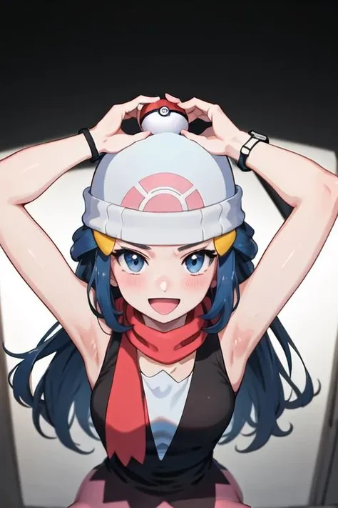 best quality, masterpiece, highres, solo, {hikari_pokemon:1.15}, long_hair, hat, hair_ornament, beanie, white_headwear, hairclip, sleeveless, smile, blue_eyes, eyelashes, blush, black_hair, blue_hair, open_mouth, grey_eyes, 1girl, :d, holding, holding_poke_ball, looking_at_viewer, poke_ball, poke_ball_\(basic\), red_scarf, scarf, simple_background, white_background, collarbone, shirt