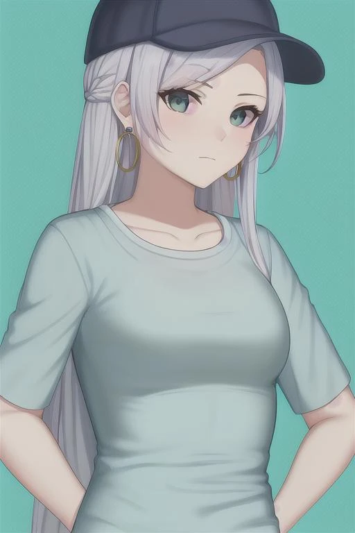 <lora:catherine-000006:0.6>, masterpiece, best quality, 1girl, long hair, aqua eyes, {baseball cap}, ((white hair)), closed mouth, earrings, green background, hoop earrings, jewelry, looking at viewer, shirt, simple background, solo, upper body, yellow shirt, hand on hip, {jewelry}, catherine