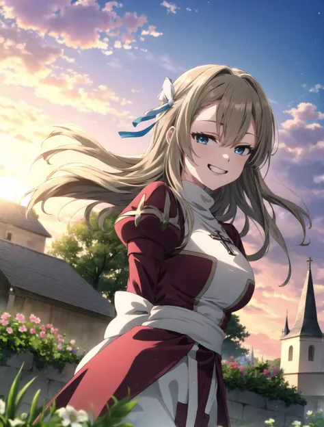 masterpiece, best quality, <lora:Asuna Ichinose - Hoseki:1>, asuna ichinose, very long hair, hair ribbon, solo, 1 girl, flower garden, outdoors, standing, ragnarokhighpr, cross, bow, <lora:High Priest Attire - justTNP:1>, grin, floating hair, <lora:Smirking Eyes:1>, looking at viewer, <lora:Beautiful Detailed Eyes - Xiao_Ye_Youli:0.5>, large breasts, church, arms behind back, front view, leaning forward, upper body, cowboy shot, <lora:More Details - Lykon:0.3>, sunset,