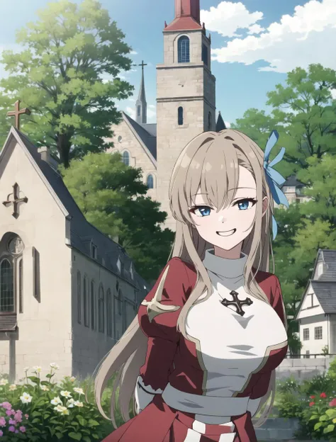 masterpiece, best quality, <lora:Asuna Ichinose - Hoseki:1>, asuna ichinose, very long hair, hair ribbon, solo, 1 girl, flower garden, outdoors, standing, ragnarokhighpr, cross, bow, <lora:High Priest Attire - justTNP:1>, grin, floating hair, <lora:Smirking Eyes:1>, looking at viewer, <lora:Beautiful Detailed Eyes - Xiao_Ye_Youli:0.5>, large breasts, church, arms behind back, front view, leaning forward, upper body, cowboy shot,