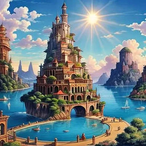 paradise, no humans, cloud, scenery, sky, water, outdoors, cloudy sky, day, tower, building, bridge, sun, sunlight<lora:paradisefinal:1:bg>