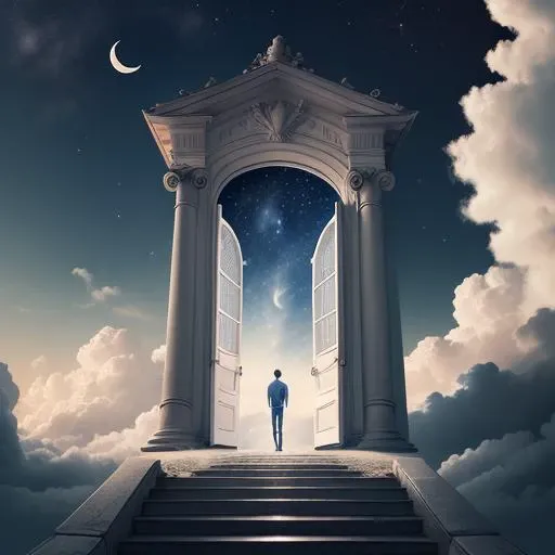 castle, sky, cloud, 1boy, stairs, star (sky), moon, male focus, crescent moon, solo, starry sky, pillar, scenery, from behind, standing, night sky, night, cloudy sky, pants, short hair <lora:paradisefinal:0.8>