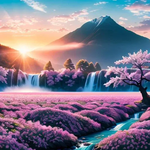 1 girl, scenery, no humans, outdoors, tree, mountain, sky, flower, water, landscape, cloud, nature, waterfall, sun, sunlight, cherry blossoms, river, pink flower, day, field, sunset<lora:paradisefinal:1:bg>