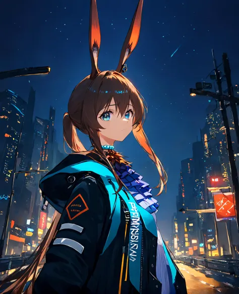 anime artwork 1girl named amiya(arknights) standing on road in night,<lora:amiya_pro:1>,upper body, . anime style, key visual, vibrant, studio anime, highly detailed