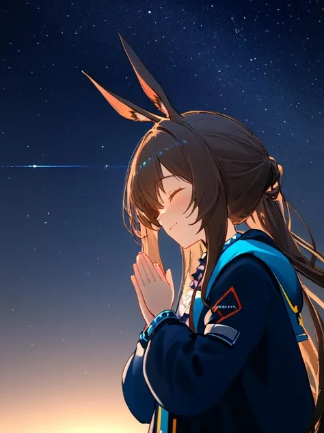 <lora:amiya_pro:1>,amiya(arknights),maximalismscarf,1girl,closed_eyes,solo,own_hands_clasped,praying,own_hands_together,sky,star_\(sky\),long_hair,brown_hair,smile,starry_sky,night,night_sky,profile,darkness,high detail,sunshine,shadow,an extreme delicated and beautiful girl,delicated and beautiful eyes,bright background,delicated dress,((extremely detailed CG unity 8k wallpaper)),best quality,amazing quality,very aesthetic,absurdres,