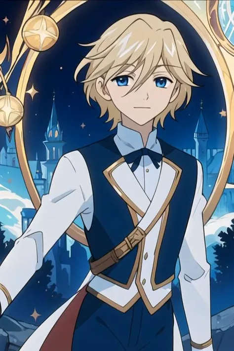 masterpiece, best quality, movie still, 1boy, solo, male focus, looking at viewer, upper body, depth of field, anime coloring, , <lora:fai_d_flourite:0.74>, fai_d_flourite, blonde hair, blue eyes, patriotic costume, Fairyland: A place where fairies and other magical creatures live, High resolution