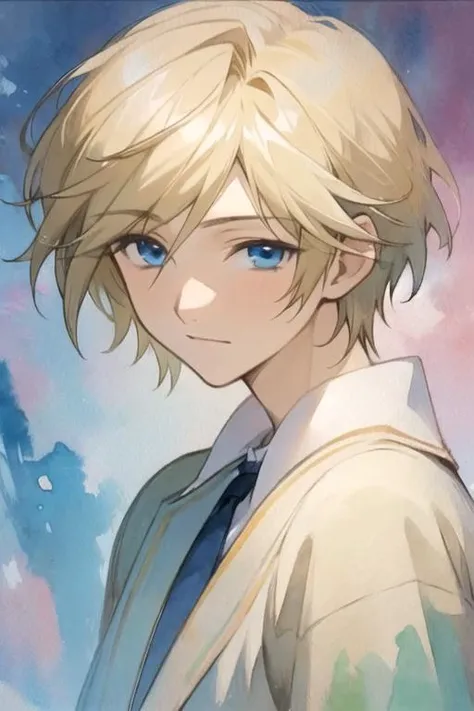 masterpiece, best quality, photorealistic, 1boy, solo, male focus, looking at viewer, , , (watercolor illustration, soft pastel colors:1.1), realistic, <lora:fai_d_flourite:0.70>, fai_d_flourite, blonde hair, blue eyes, , , HD-DVD