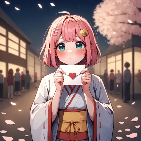 score_9, score_8_up, score_7_up, score_6_up, very aesthetic, BREAK photograph of a cute young woman,19yo,cute hairpin,pink hair,pale skin,freckles,blush,innocent,city spring festival,sakura petals in the air,Porta 160 color,bokeh,sharp focus on subject,shot by Don McCullin,nsfw,shy,enamoured,in love,japanese_clothes,owo,love confession,hold letter,