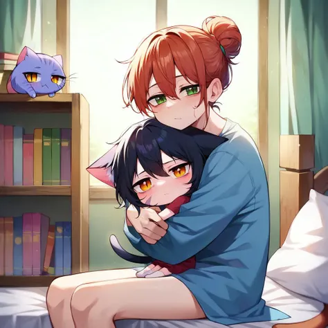 score_9, score_8_up, score_7_up, score_6_up, score_5_up, score_4_up, best quality,masterpiece,4k,very aesthetic BREAK 1chibi,young girl,skinny,looking at viewer,sitting,(bags under eyes:0.4),tired,hair bun,1oversized cat,hug,bed,bookshelf,(size difference:1.2),
