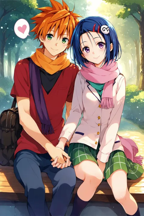1girl,haruna sairenji, bow, skirt, hair ornament, purple eyes, blue hair, scarf, shared scarf, 1boy, yuuki rito, shirt, orange hair, green eyes, shared clothes, couple, hetero, heart, smile, bag, short hair, sitting, holding hands,score_8_up,<lora:Yabuki Kentarou_XL_PONY:0.8>,