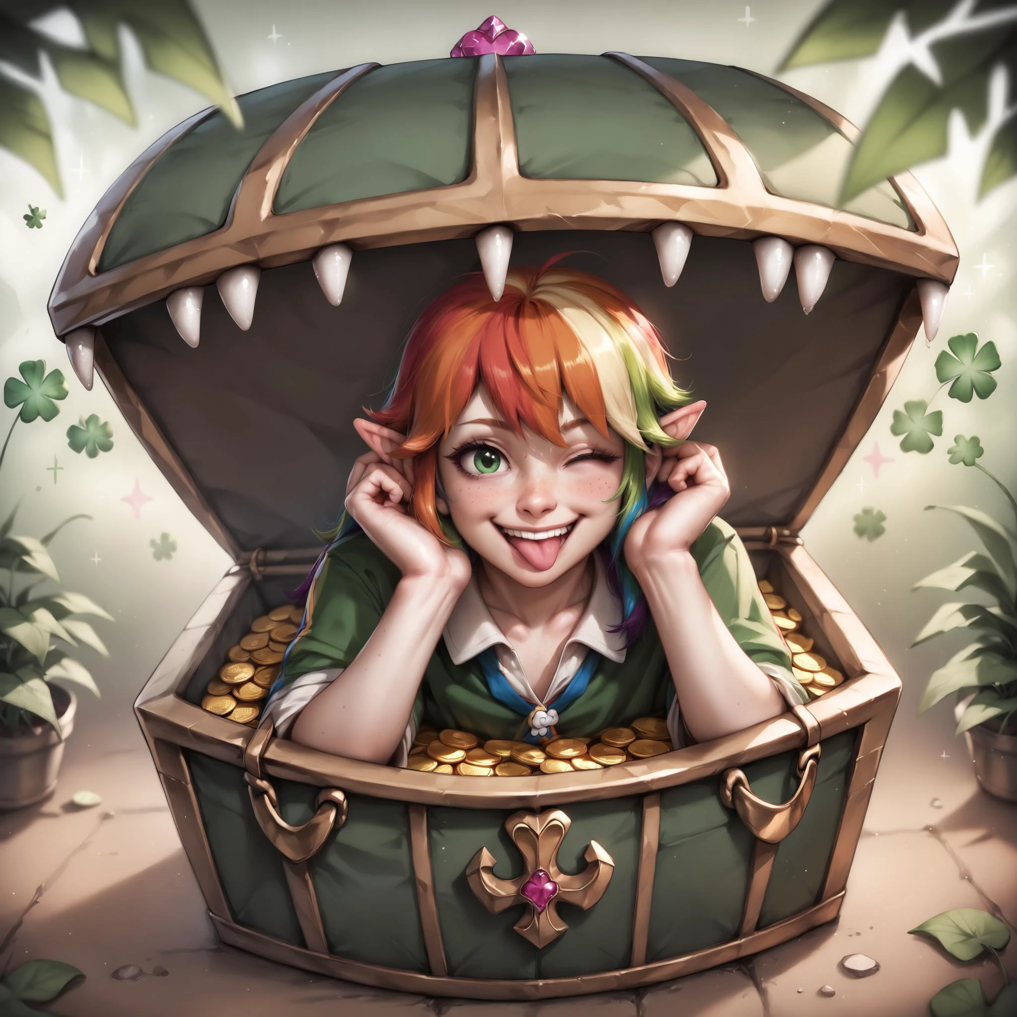 score_9, score_8_up, score_7_up, score_6_up, very aesthetic, BREAK 1girl,solo,a very beautiful,pretty,and cute girl with orange hair and freckles,dressed as a leprechaun,winking and smiling at viewer,green eyes,smile,tongue out,(rainbow hair:1.3),St. Patrick's Day background,mimic chest,gold coins,gold nuggets,rainbow in background,4 leafy clover,pink heart crystal,crystals,juwels,sfw,<lora:Realistic_2.5DAnime_Merge1:0.8>,<lora:mimic_chest_ponyxl_v9:0.8>,