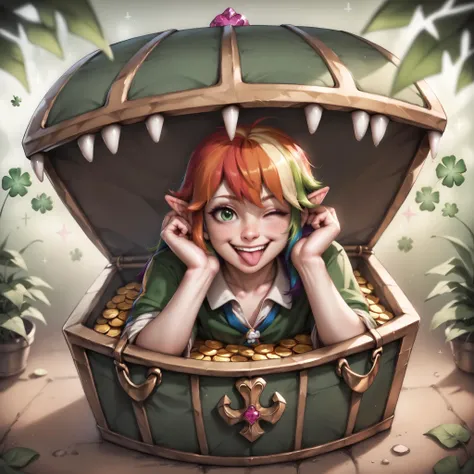 score_9, score_8_up, score_7_up, score_6_up, very aesthetic, BREAK 1girl,solo,a very beautiful,pretty,and cute girl with orange hair and freckles,dressed as a leprechaun,winking and smiling at viewer,green eyes,smile,tongue out,(rainbow hair:1.3),St. Patrick's Day background,mimic chest,gold coins,gold nuggets,rainbow in background,4 leafy clover,pink heart crystal,crystals,juwels,sfw,<lora:Realistic_2.5DAnime_Merge1:0.8>,<lora:mimic_chest_ponyxl_v9:0.8>,
