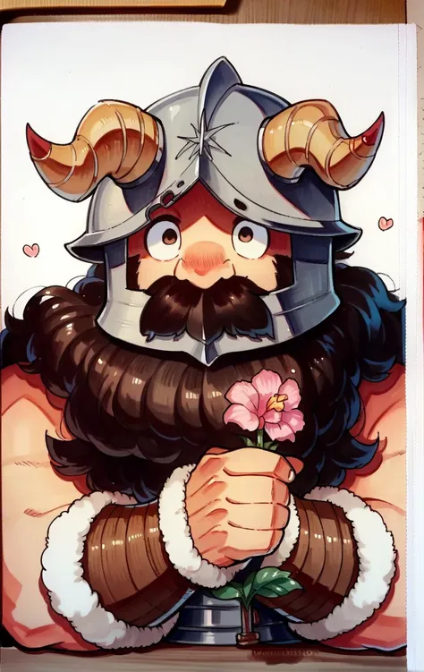 score_9,score_8_up,score_7_up,score_6_up,score_5_up,score_4_up holding flower, <lora:Senshi:0.8>, senshi,bushy beard,armor,bracer,horned helmet, <lora:OmarDogantXL:0.8> score_9, source_anime, marker \(medium\), traditional media