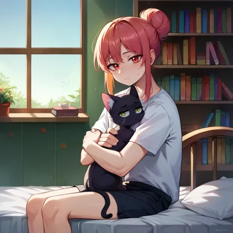 score_9, score_8_up, score_7_up, score_6_up, score_5_up, score_4_up, best quality,masterpiece,4k,very aesthetic BREAK 1young girl,skinny,looking at viewer,sitting,(bags under eyes:0.4),tired,hair bun,1cat,hug,bed,bookshelf,(size difference:1.2),