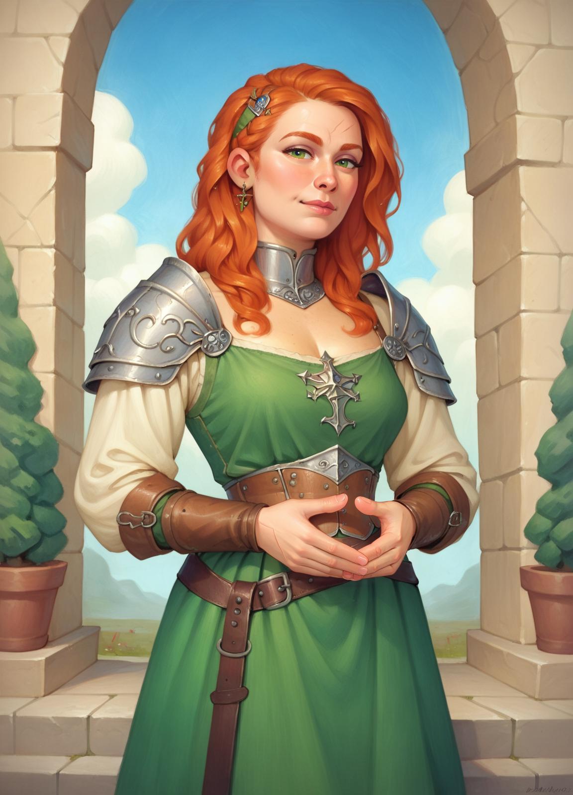 A woman in a green dress holding a sword in her hand - SeaArt AI