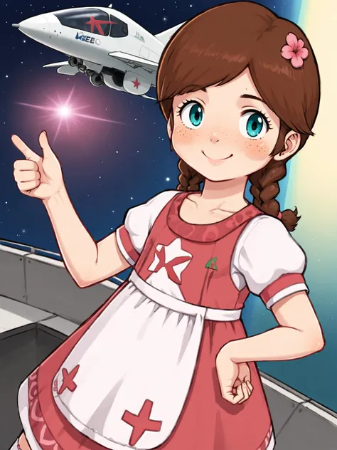 score_9, score_8_up, score_7_up, source_anime BREAK
<lora:Genshin_NPC_EllaMusk_Pony_v1:0.8>, (elon musk:1.5), upper body, portrait, (thumbs up:1.5), (wide shot, very wide shot, aircraft hangar, space rocket, tesla:1.5), (wearing loincloth, teal eyes, brown hair, swept bangs, twin braids, (hair flower:1), collarbone, pink dress, flower pattern, short sleeves, white sleeves, (white apron:1.1), puffy sleeves, white socks, bobby socks, brown footwear, (mary janes:1.5), (freckles on cheeks and nose:1.3), (tareme:1.5), (confident smile:1.5), from side,