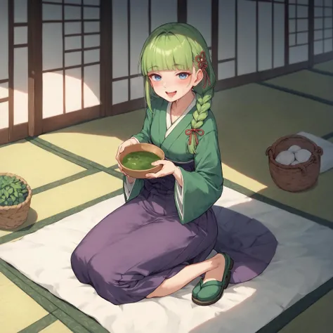 score_9, score_8_up, score_7_up, score_6_up, score_5_up, score_4_up, 1girl,solo,blue eyes,green hair,green footwear,braided basket,full body,skirt,bangs,looking at viewer,long skirt,hair ribbon,ribbon,purple skirt,blunt bangs,long sleeves,green miko,old japanese clothes,ming dynasty,kneeling,herbs,naughty_face,open mouth,sweatdrop,seductive_smile,hair hair ornament,eating herb,saliva,tatami,blush,green top,