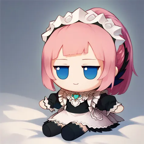 score_9, score_8_up, score_7_up, fumo \(doll\), chibi, solo, 1girl, feliciadef, smile, sitting, pink hair, ponytail, blue eyes, maid headdress, brooch, maid apron, black thighhighs, bridal gauntlets <lora:style_toyfumo_ponyXL-000006:1> <lora:felicia-fe-richy-v1_xl:1>