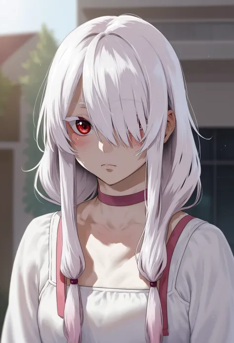 (score_9:1.5), (score_8_up:1.0), (score_7_up:0.9), (score_6_up:1.6), (score_5_up:1.0), (score_4_up:1.1), (source_anime:1.0), source_safe,
girl, upper body, white hair, albino, makeup, blush, eyeshadow, pink choker, colored eyelashes, hair between eyes, hair over eyes, sidelocks, low tied hair, hair over shoulder, long hair, messy hair, long sleeves, pale skin, red eyes, detailed eyes, white sundress,
 pija \(pianiishimo\), ikuchan kaoru, (hero neisan:0.67), (takeda hiromitsu:1.3),