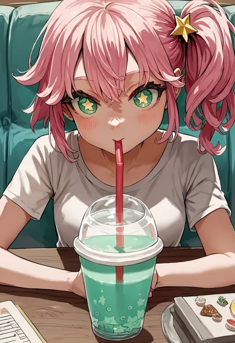 source_anime, score_9, score_8_up, score_7_up, score_6_up, source_anime, rating_safe, 
1girl,at table,drinking bubbletea,drinking straw,pink hair,side ponytail,star pupils,++,indoors,green eyes,
 <lora:Chocochip-1024-Prodigy-32:1> <lora:sdxl_asanagi_v1:0.7> asanagi