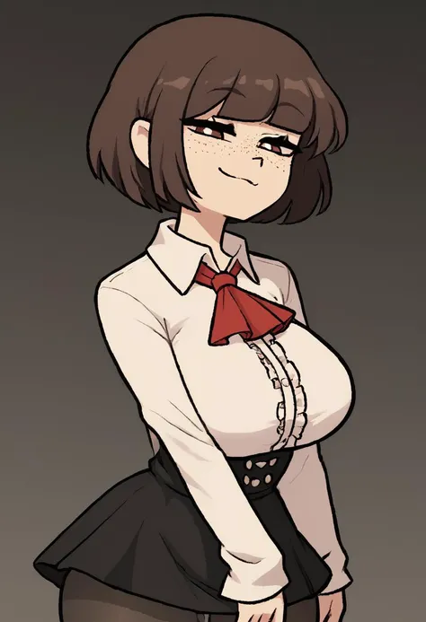 score_9, score_8_up, score_7_up, solo,
BREAK
1girl, smug, large breasts, solo, wide hips, freckles,
{tildevtuber}, 1girl, solo, breasts, looking_at_viewer, smile, skirt, large_breasts, brown_hair, shirt, long_sleeves, brown_eyes, standing, upper_body, white_shirt, pantyhose, frills, collared_shirt, black_skirt, black_pantyhose, ascot, high-waist_skirt, meme_attire, red_ascot, virgin_killer_outfit, {bob_cut}, (swept bangs:0.5), centerfrills,
framed: comic style,
by nemlei, the coffin of andy and leyley
<lora:Tilde:1>   <lora:ponyxl-the_coffin_of_andy_and_leyley-style-v03:0.7>